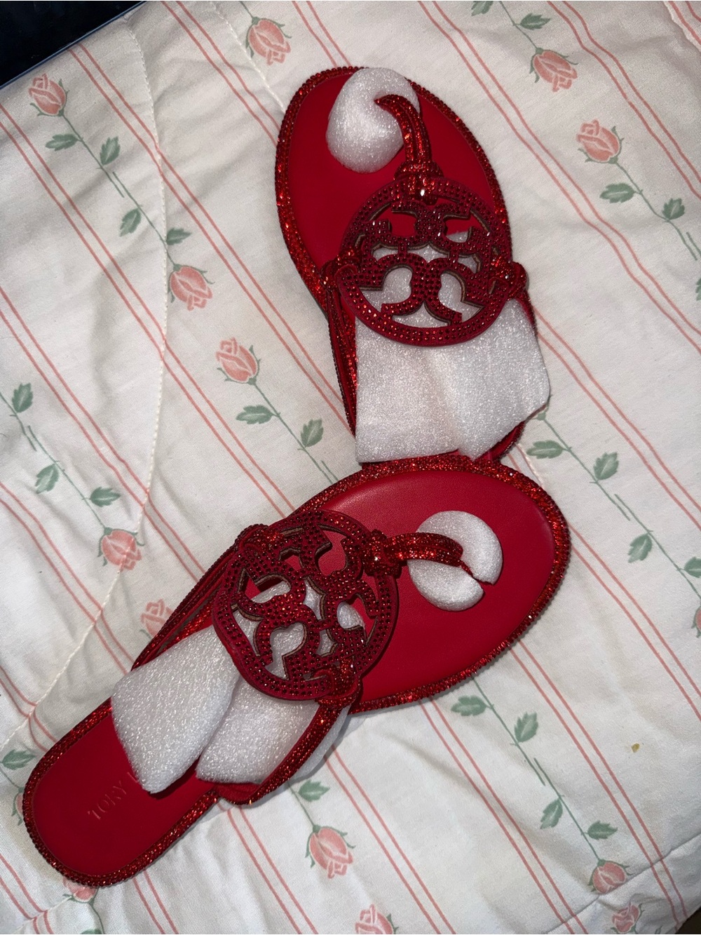 Women's Red Glitter Cutout Slide Sandals